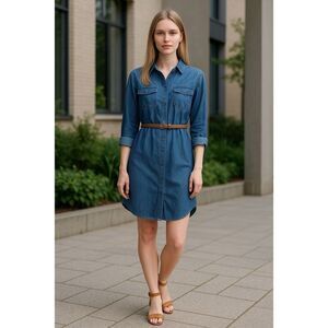 Merona Denim Women’sShirt Dress S/P Button Front Long Sleeve 100% Cotton Pockets